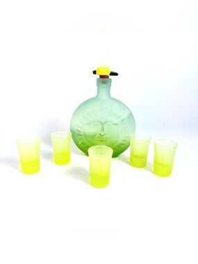 VTG Italian Frosted Yellow Celestial Sun Decanter lemon Cork Lid & 5 Shot Glass